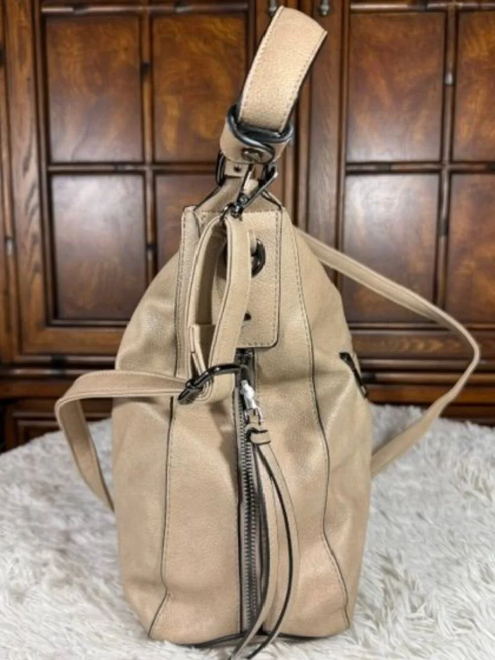 Taupe Tassel Pebble Texture Faux Leather Hobo Crossbody Shoulder Handbag